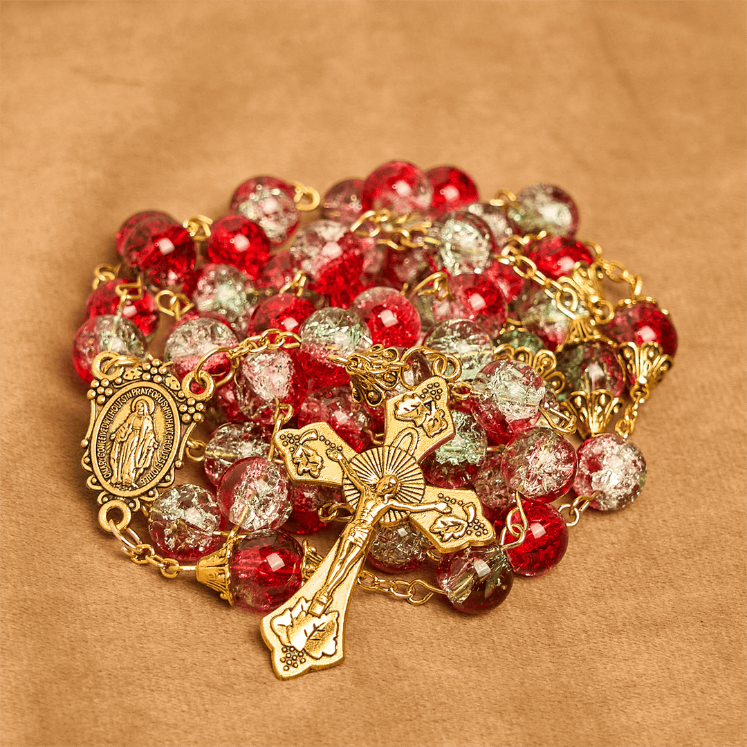 Christianartworkshop Weihnachten – Themen-Rosenkranz aus roten Perlen mit goldenem Kruzifix und Madonna-Medaille - image 10