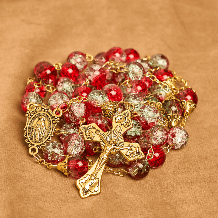 Christianartworkshop Thanksgiving Day: Weihnachts-Rosenkranz aus roten Perlen mit goldenem Kruzifix und Madonna-Medaille - image 11