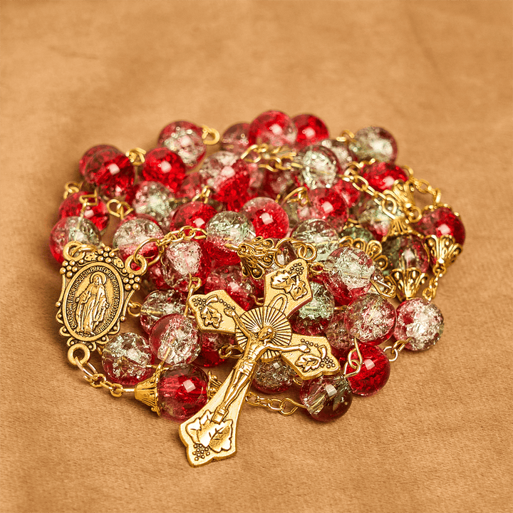 Christianartworkshop GEBETSVOLLER GLAUBE: Weihnachts-Rosenkranz aus roten Perlen mit goldenem Kruzifix und Madonna-Medaille - image 11