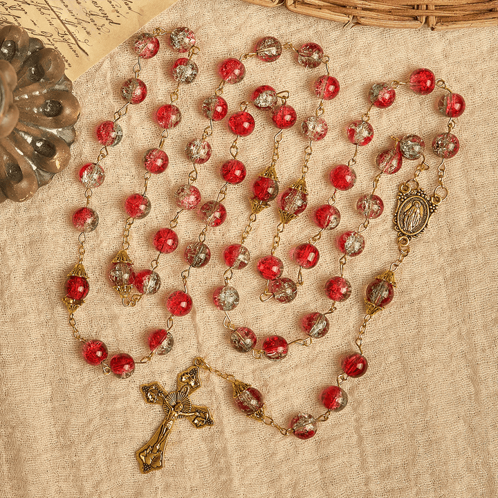 Christianartworkshop GEBETSVOLLER GLAUBE: Weihnachts-Rosenkranz aus roten Perlen mit goldenem Kruzifix und Madonna-Medaille - image 6