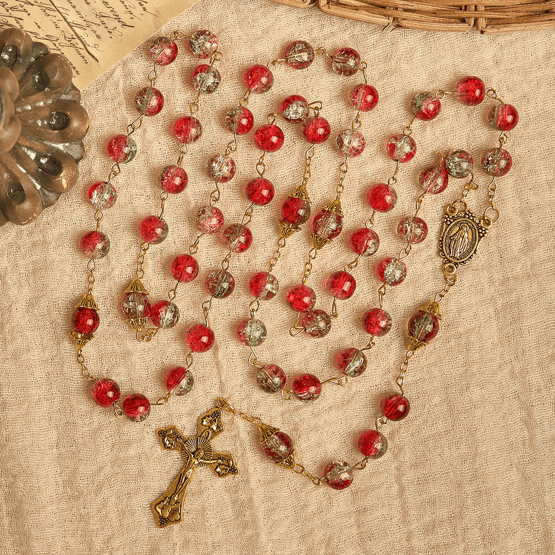 Christianartworkshop Thanksgiving Day: Weihnachts-Rosenkranz aus roten Perlen mit goldenem Kruzifix und Madonna-Medaille - image 6