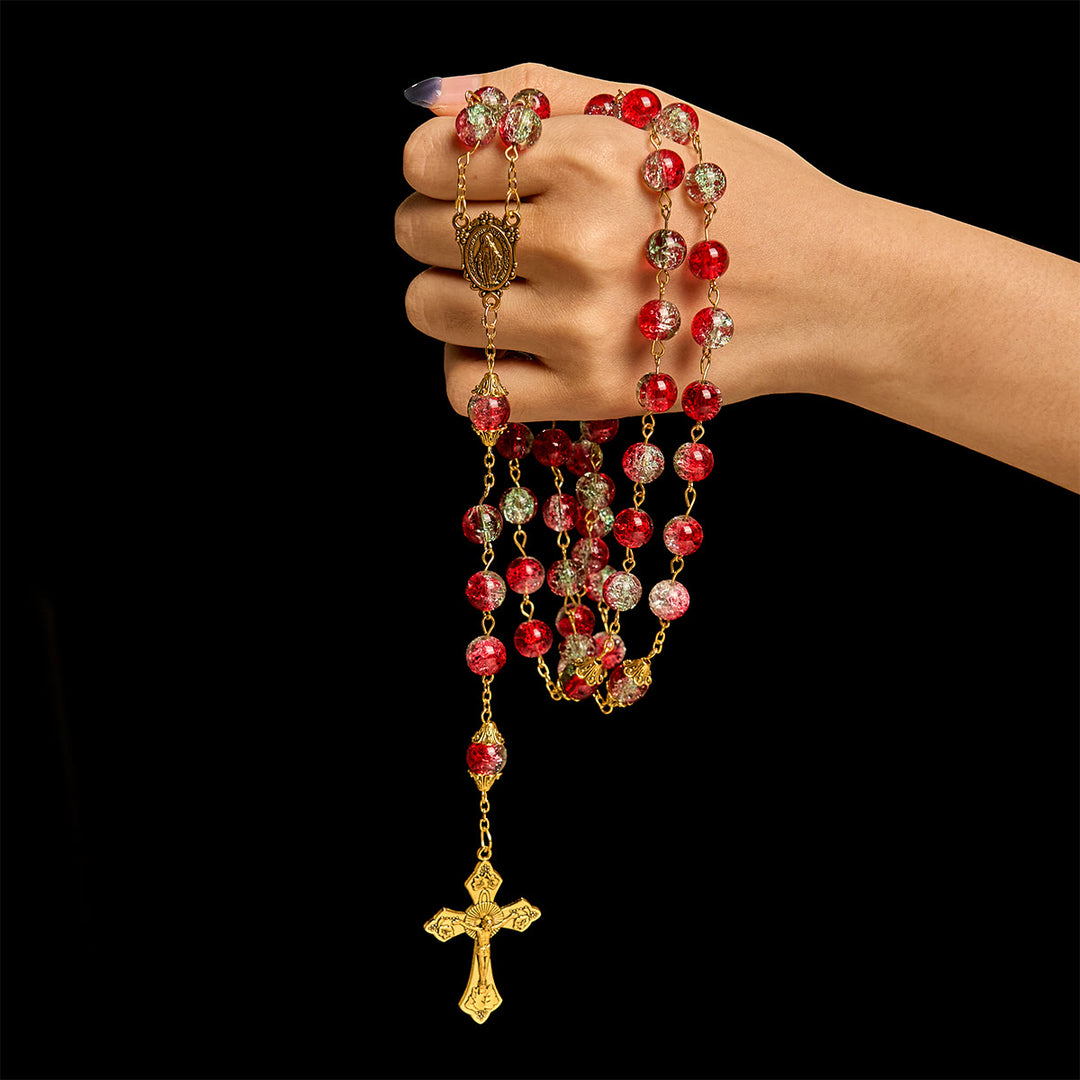 Christianartworkshop GEBETSVOLLER GLAUBE: Weihnachts-Rosenkranz aus roten Perlen mit goldenem Kruzifix und Madonna-Medaille - image 1