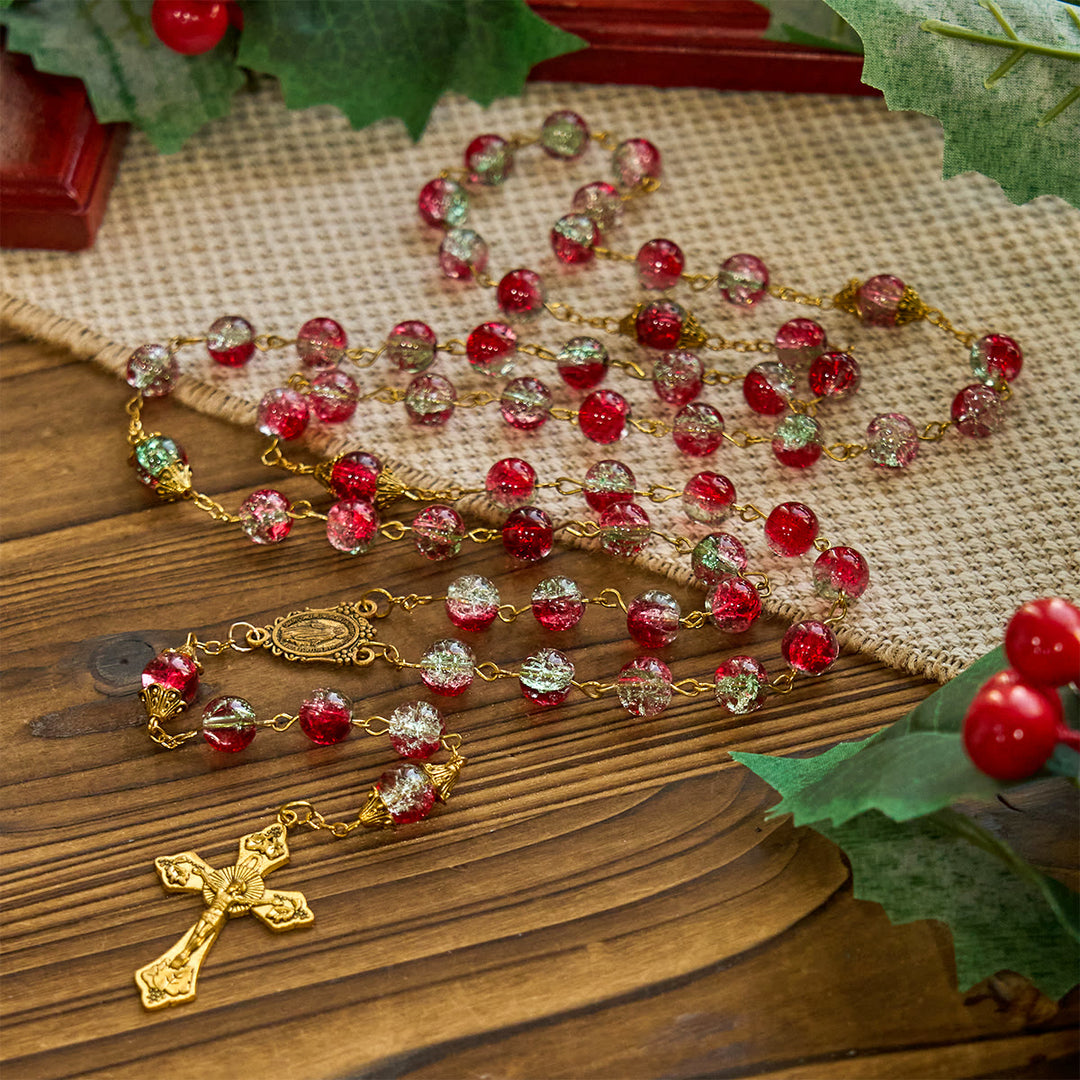 Christianartworkshop Weihnachten – Themen-Rosenkranz aus roten Perlen mit goldenem Kruzifix und Madonna-Medaille - Rosenkranz zum Thema Weihnachten - image 0