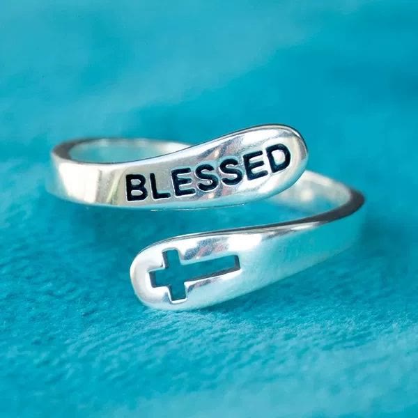 Christianartworkshop Verstellbarer „BLESSED“- und Kreuzring: Spirituelles Accessoire im minimalistischen Stil - GESEGNET & KREUZ - image 0