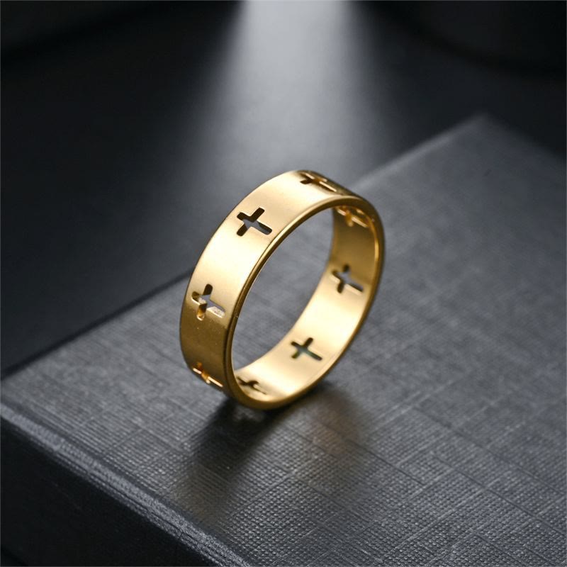 Christianartworkshop Ring mit mehreren Kreuzausschnitten: Zweifarbiger Edelstahl-Glaubensschmuck - Golden - US 11 - image 0