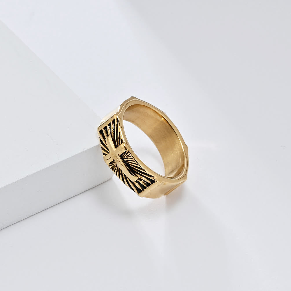 Christianartworkshop Dreifarbiges Ringset mit strahlendem Kreuz: Gold, Silber, Schwarz, Edgy Faith Jewelry - image 4