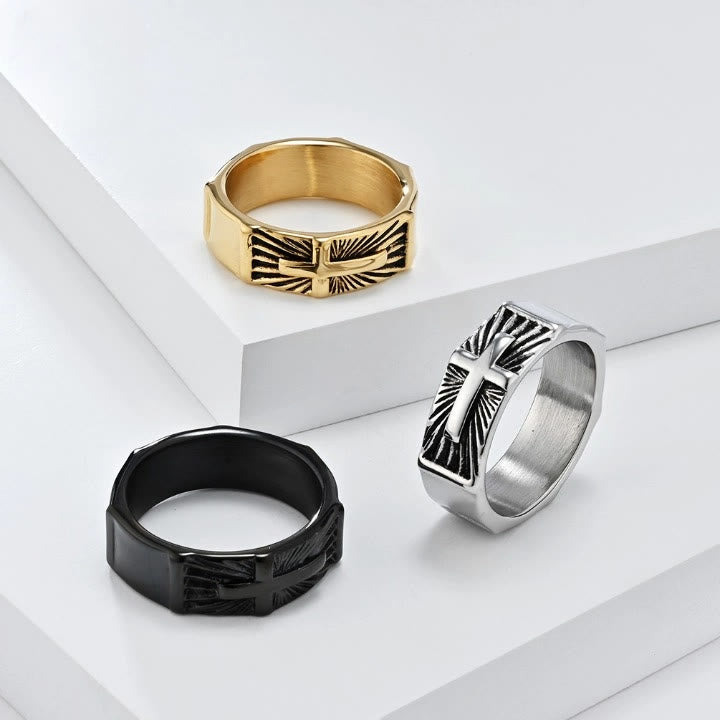 Christianartworkshop Dreifarbiges Ringset mit strahlendem Kreuz: Gold, Silber, Schwarz, Edgy Faith Jewelry - image 2