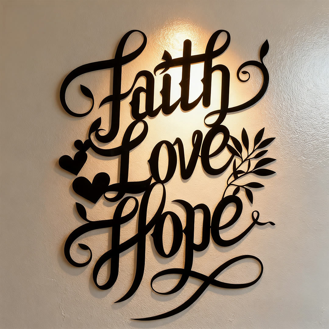 Christianartworkshop Wanddekoration aus Metall mit Schriftzug „Faith Love Hope“ mit Herz- und Blattakzenten - Schwarz - 11,81''*15,74''/30*40cm - image 0