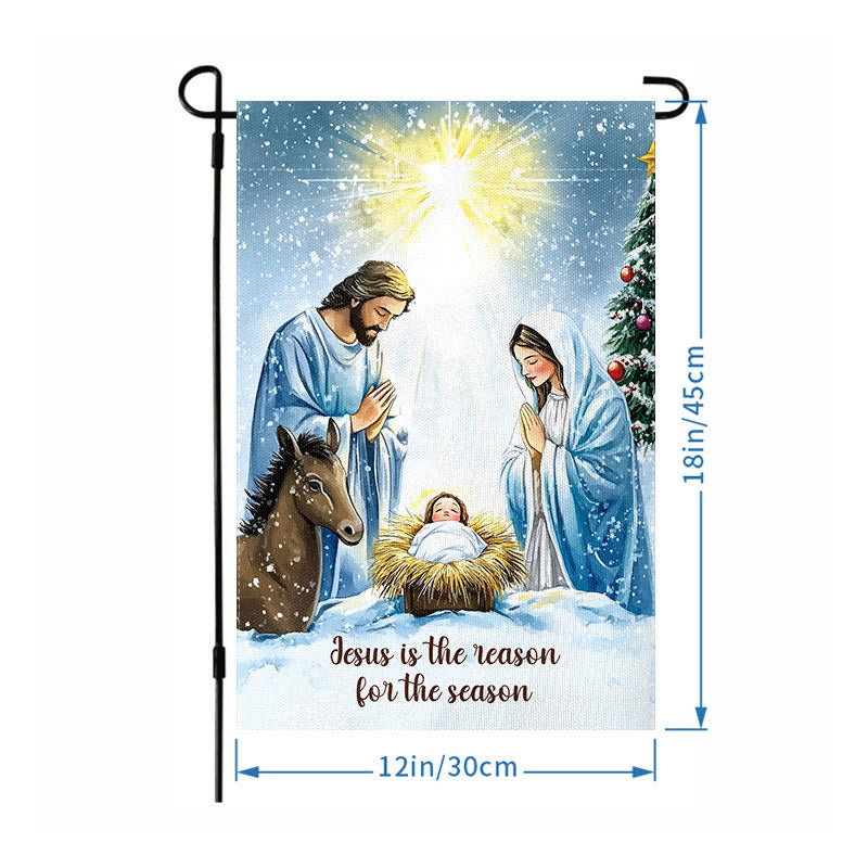 Christianartworkshop Gartenflagge im rustikalen Stil mit Weihnachtskrippe und Heiliger Familie: Umarme das Wunder Christi - image 6