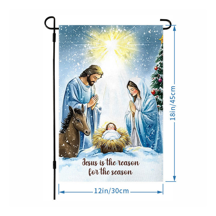 Christianartworkshop Gartenflagge im rustikalen Stil mit Weihnachtskrippe und Heiliger Familie: Umarme das Wunder Christi - image 6
