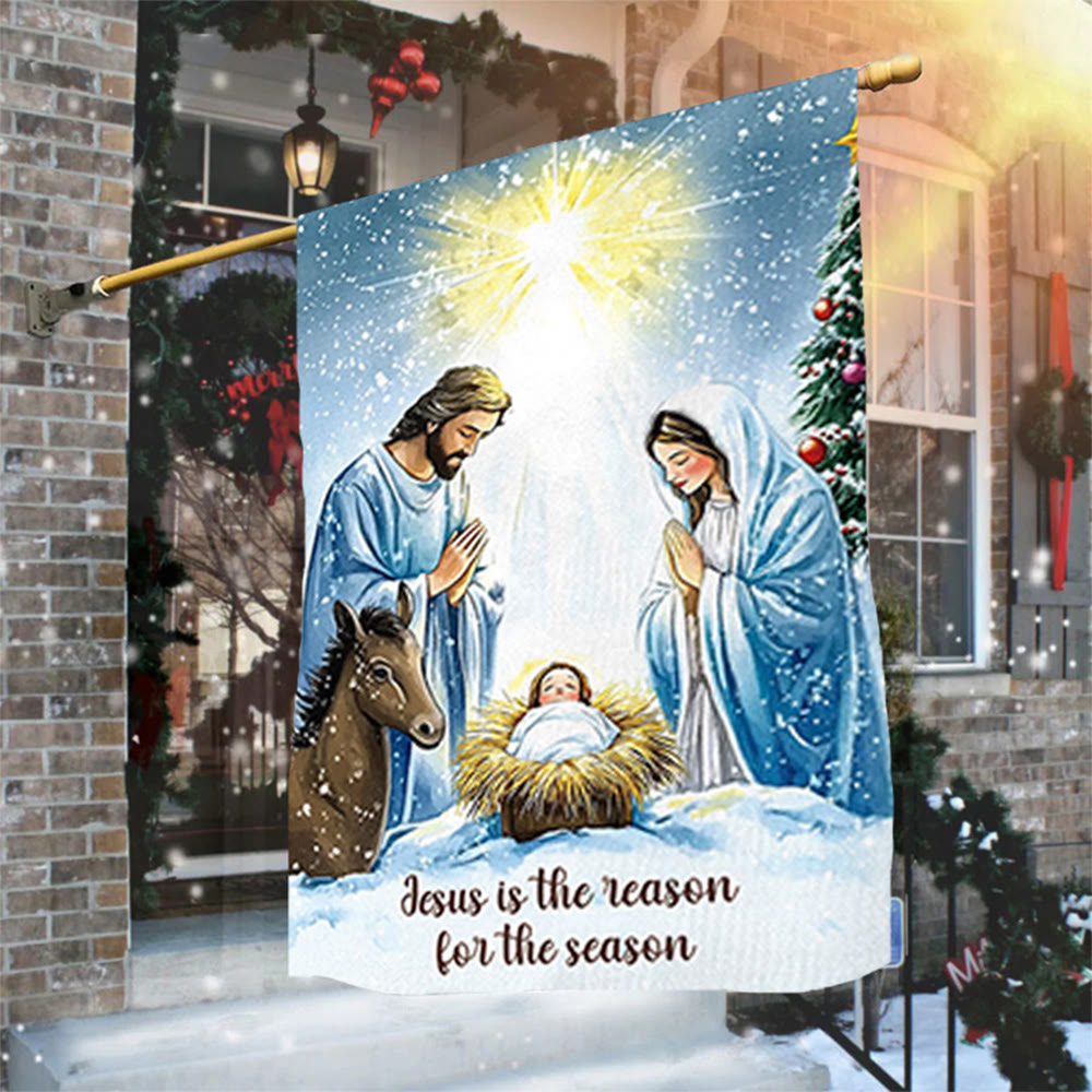 Christianartworkshop Gartenflagge im rustikalen Stil mit Weihnachtskrippe und Heiliger Familie: Umarme das Wunder Christi - image 4