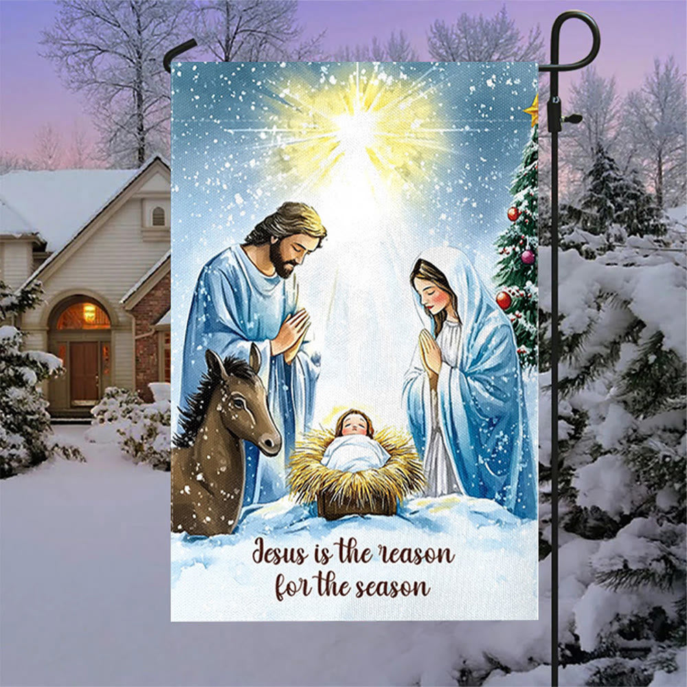 Christianartworkshop Gartenflagge im rustikalen Stil mit Weihnachtskrippe und Heiliger Familie: Umarme das Wunder Christi - 90×150cm (3×5 Fuß) - image 0