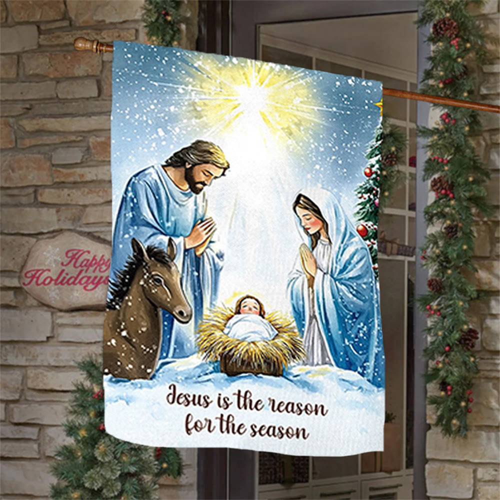 Christianartworkshop Gartenflagge im rustikalen Stil mit Weihnachtskrippe und Heiliger Familie: Umarme das Wunder Christi - image 5
