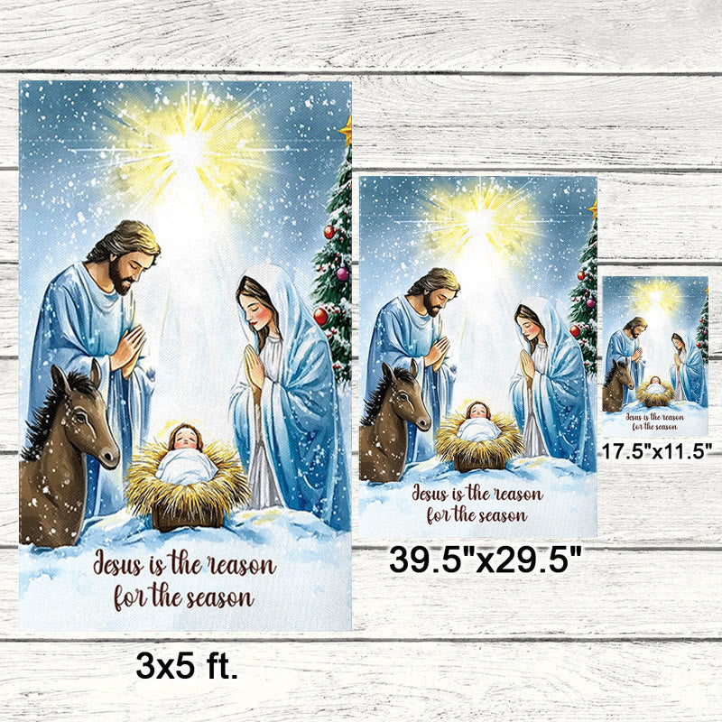 Christianartworkshop Gartenflagge im rustikalen Stil mit Weihnachtskrippe und Heiliger Familie: Umarme das Wunder Christi - image 1
