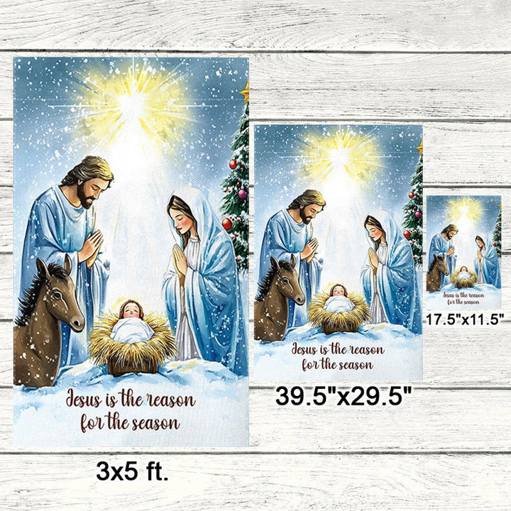 Christianartworkshop Gartenflagge im rustikalen Stil mit Weihnachtskrippe und Heiliger Familie: Umarme das Wunder Christi - image 1