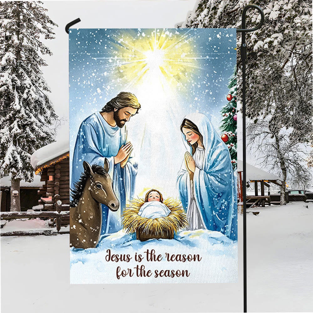Christianartworkshop Gartenflagge im rustikalen Stil mit Weihnachtskrippe und Heiliger Familie: Umarme das Wunder Christi - image 3