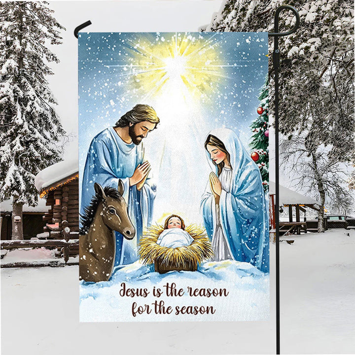 Christianartworkshop Gartenflagge im rustikalen Stil mit Weihnachtskrippe und Heiliger Familie: Umarme das Wunder Christi - image 3