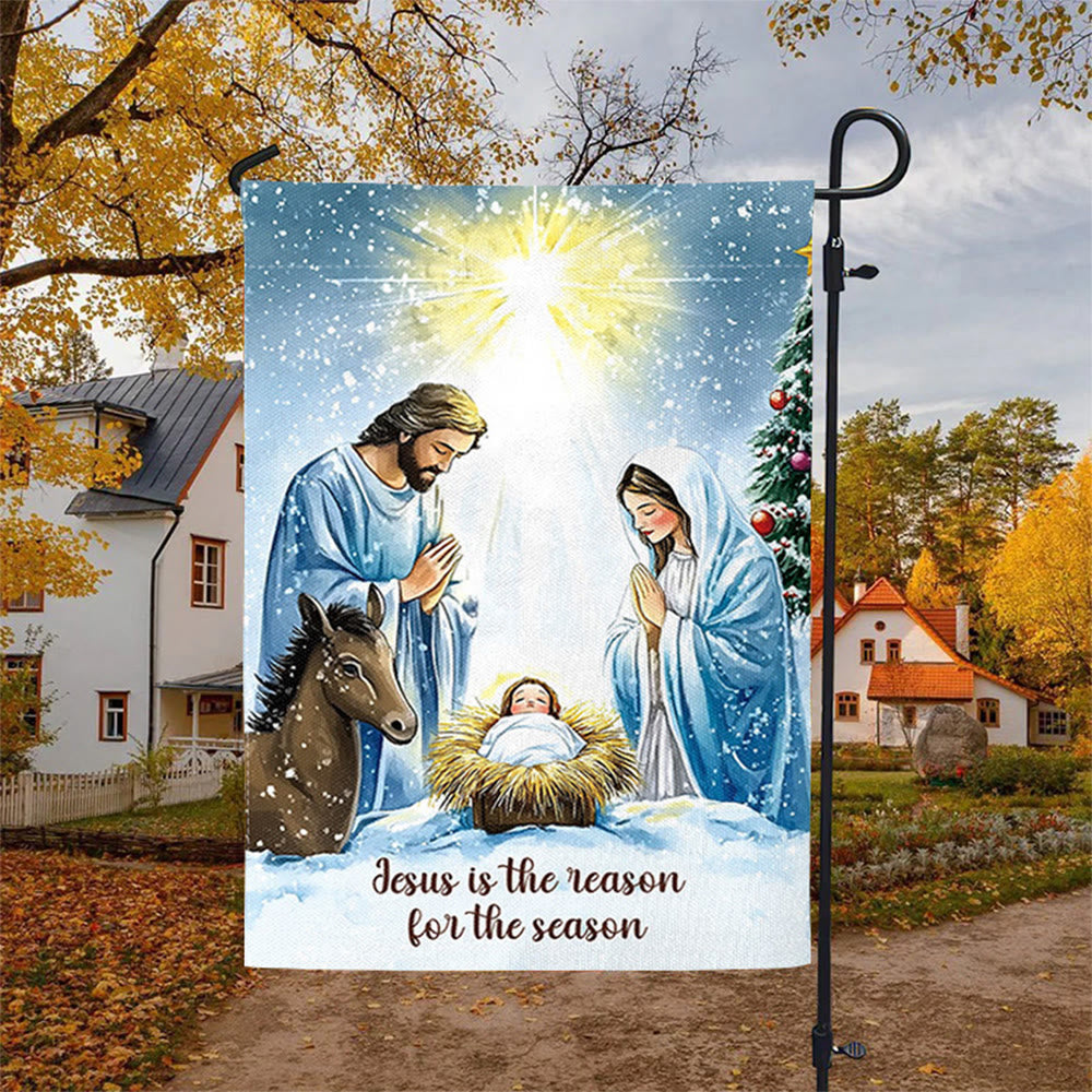 Christianartworkshop Gartenflagge im rustikalen Stil mit Weihnachtskrippe und Heiliger Familie: Umarme das Wunder Christi - image 2