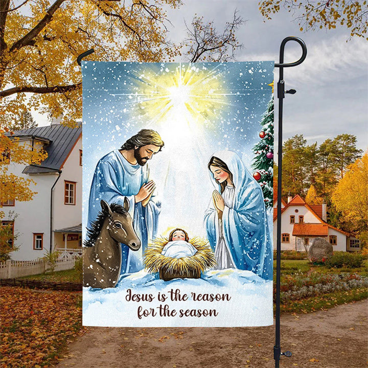 Christianartworkshop Gartenflagge im rustikalen Stil mit Weihnachtskrippe und Heiliger Familie: Umarme das Wunder Christi - image 2
