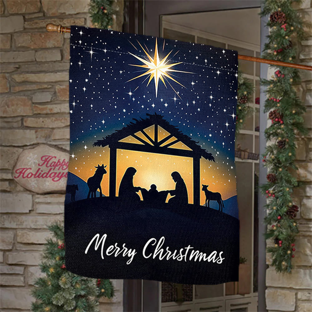Christianartworkshop Weihnachtsflagge für den Garten, Bethlehem-Stern und Heilige Familie: Frohe Weihnachten - 90×150cm (3×5 Fuß) - image 0