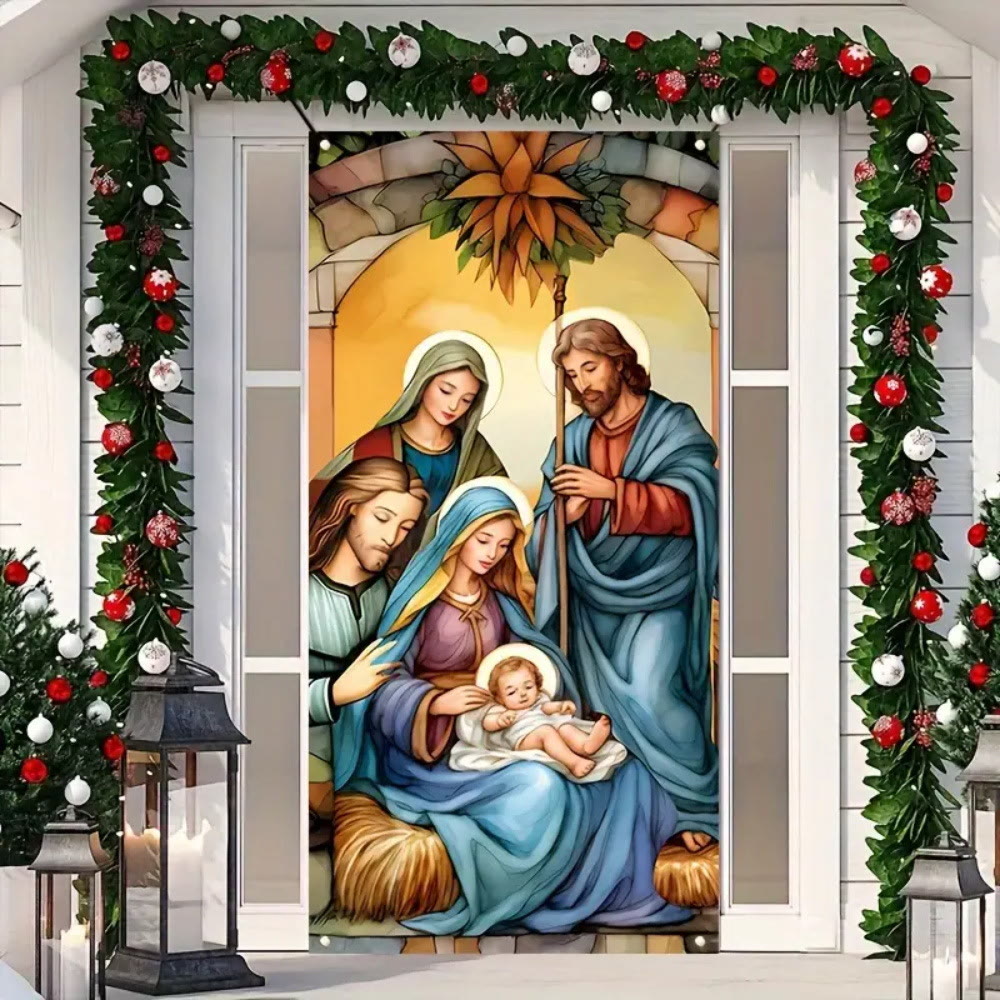 Christianartworkshop Türvorhang mit lebendiger Heiliger Familie und Krippenszene: Teilen Sie den Feiertagsglauben - 90*180cm - image 0