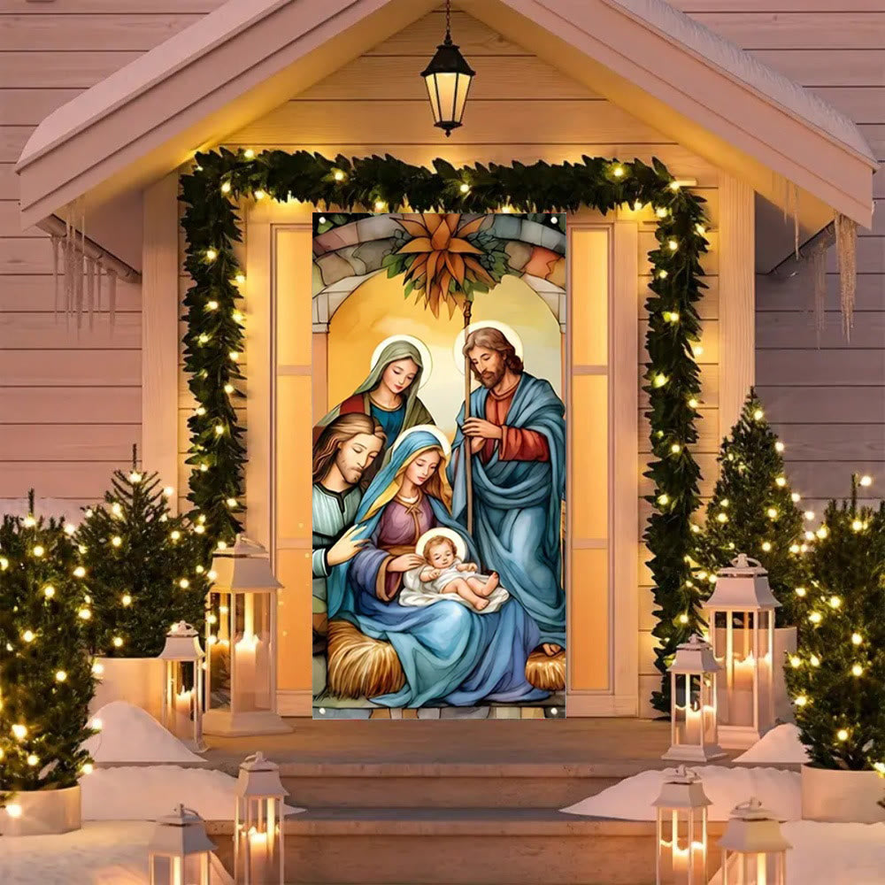 Christianartworkshop Türvorhang mit lebendiger Heiliger Familie und Krippenszene: Teilen Sie den Feiertagsglauben - image 1
