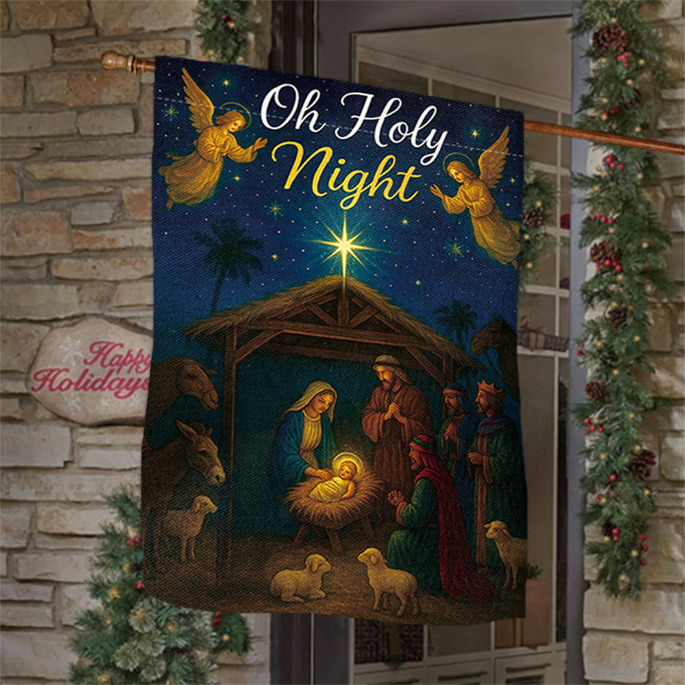 Christianartworkshop Oh Holy Night Krippen-Gartenflagge mit Engeln und Stern: Weihnachts-Glaubensdekor - 90×150cm (3×5 Fuß) - image 0