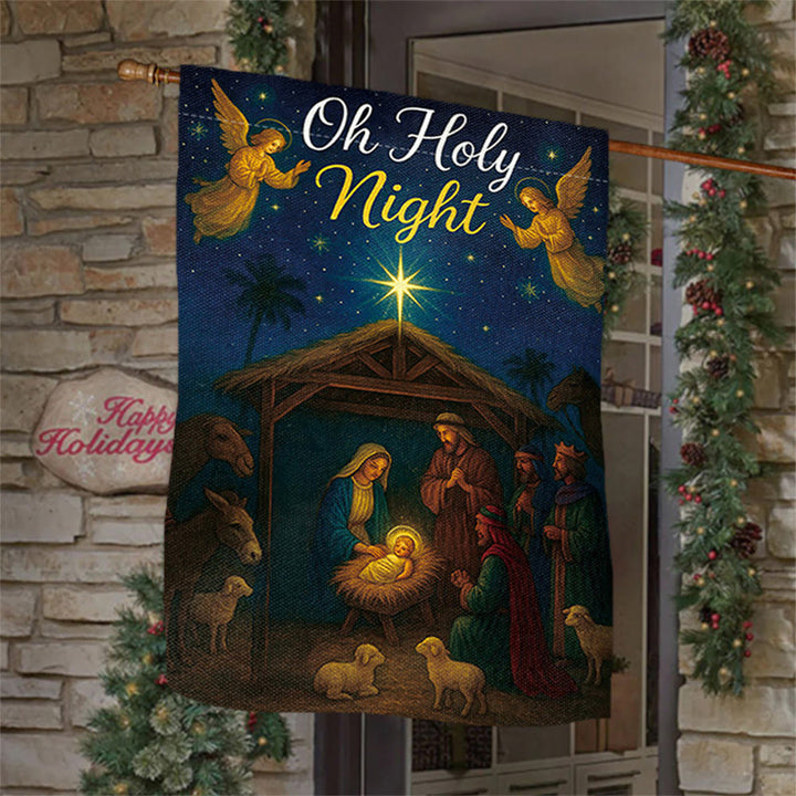 Christianartworkshop Oh Holy Night Krippen-Gartenflagge mit Engeln und Stern: Weihnachts-Glaubensdekor - 90×150cm (3×5 Fuß) - image 0