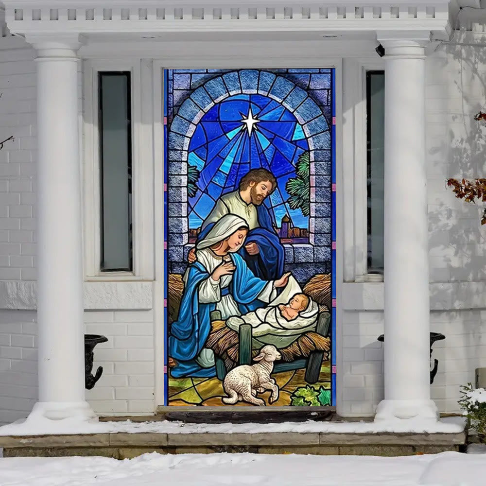 Christianartworkshop Türvorhang aus Buntglas mit Krippenmotiv, Blau: Heilige Familie und Lamm - image 1