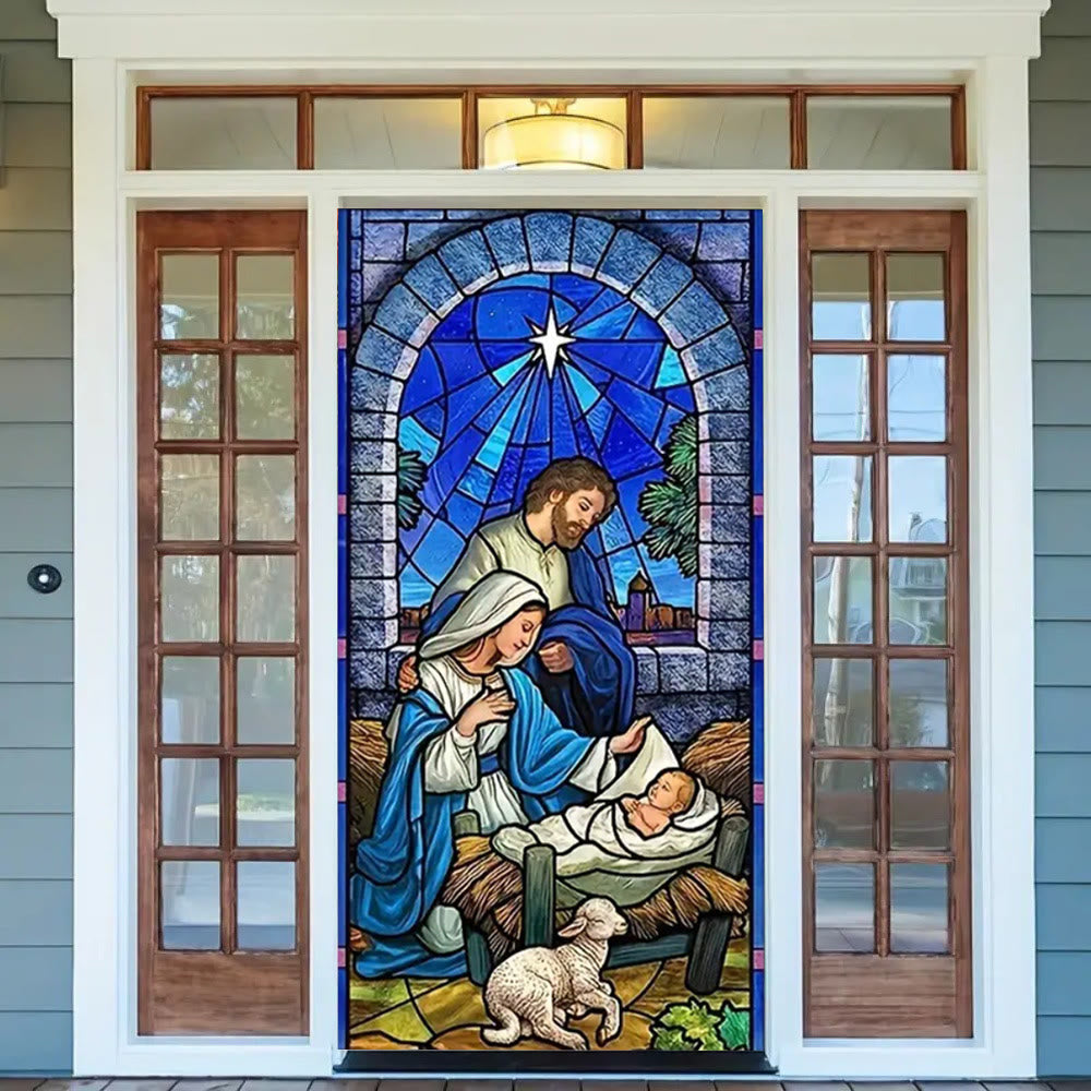Christianartworkshop Türvorhang aus Buntglas mit Krippenmotiv, Blau: Heilige Familie und Lamm - image 2