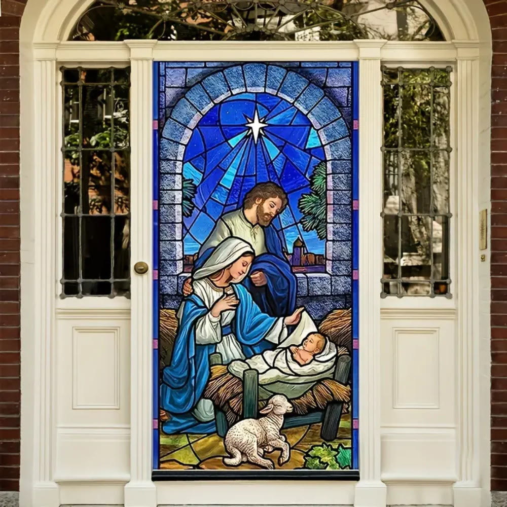 Christianartworkshop Türvorhang aus Buntglas mit Krippenmotiv, Blau: Heilige Familie und Lamm - 90*180cm - image 0