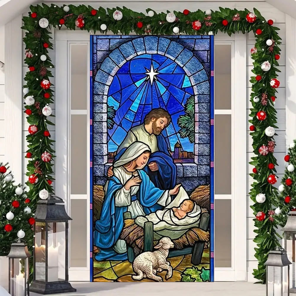 Christianartworkshop Türvorhang aus Buntglas mit Krippenmotiv, Blau: Heilige Familie und Lamm - image 5