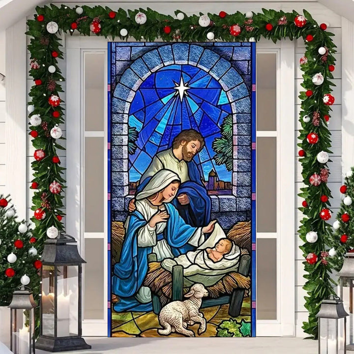 Christianartworkshop Türvorhang aus Buntglas mit Krippenmotiv, Blau: Heilige Familie und Lamm - image 5