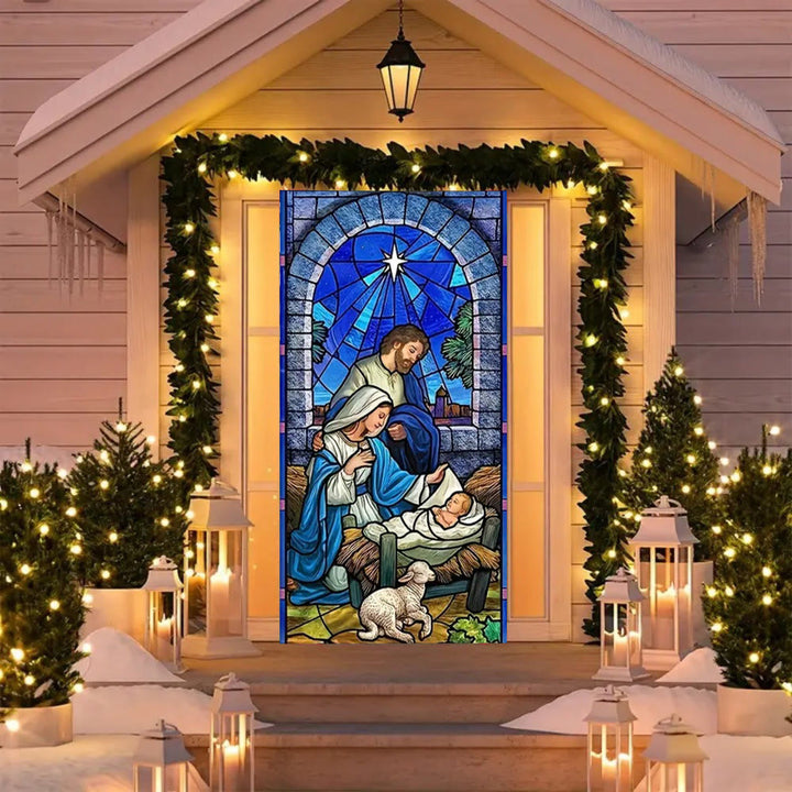 Christianartworkshop Türvorhang aus Buntglas mit Krippenmotiv, Blau: Heilige Familie und Lamm - image 4