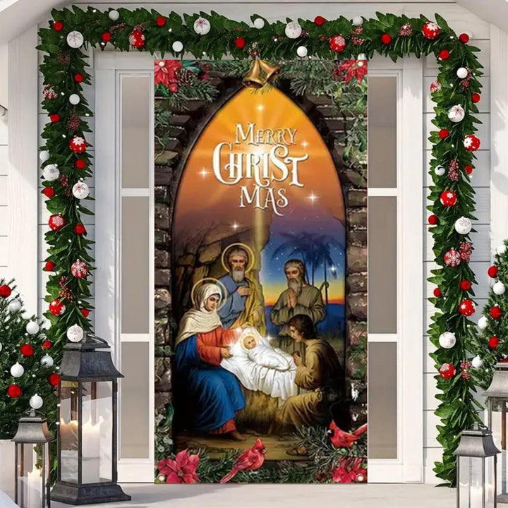 Christianartworkshop Beleuchteter Türvorhang im Stil der Heiligen Familie: Weihnachtsdekoration mit Krippe - image 3