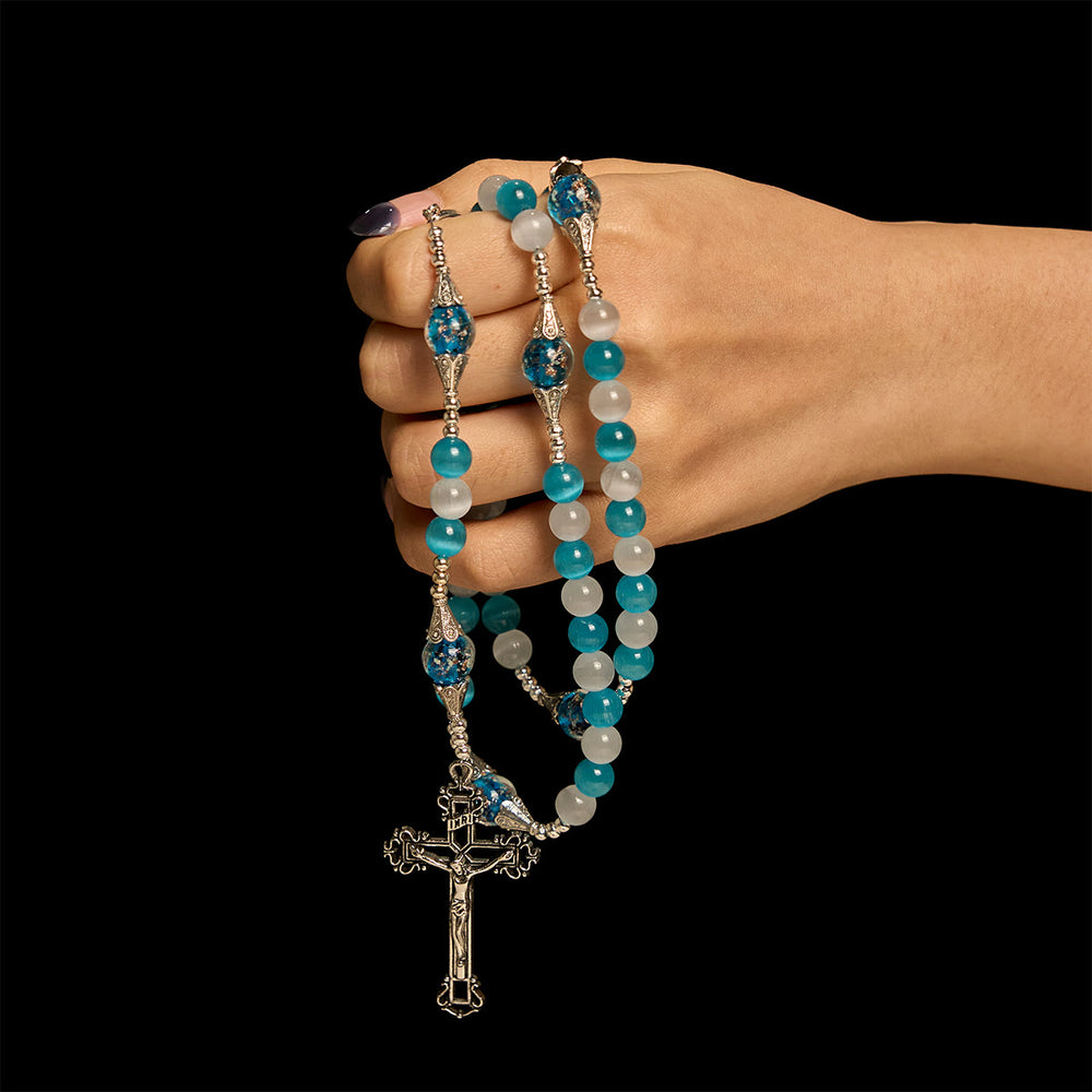 Christianartworkshop Glitzernder Rosenkranz aus Katzenaugenstein und blauem Sternglas mit Heiligem Herzen - image 1