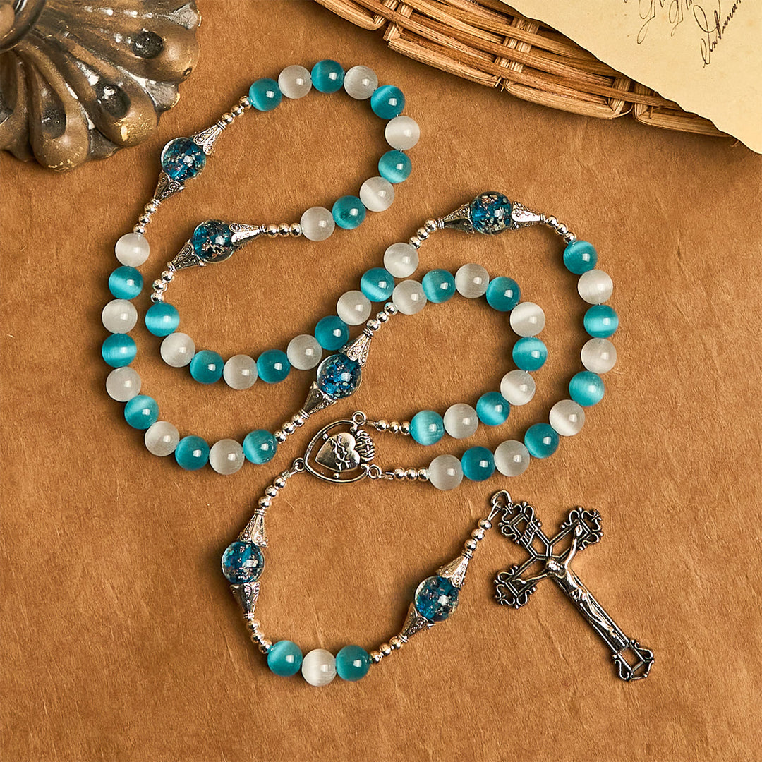 Christianartworkshop Glitzernder Rosenkranz aus Katzenaugenstein und blauem Sternglas mit Heiligem Herzen - Heiliges Herz & Kruzifix - image 0