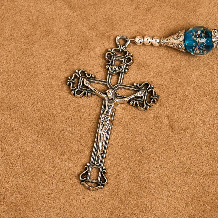Christianartworkshop Glitzernder Rosenkranz aus Katzenaugenstein und blauem Sternglas mit Heiligem Herzen - image 7