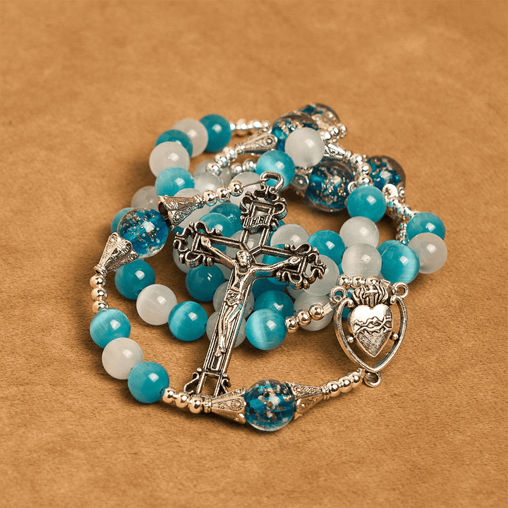 Christianartworkshop Glitzernder Rosenkranz aus Katzenaugenstein und blauem Sternglas mit Heiligem Herzen - image 8