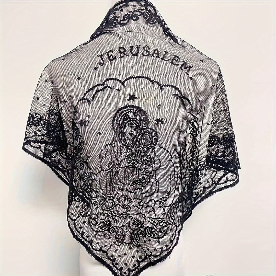Christianartworkshop Sacred Grace Schwarz-weißer Jerusalem-Kapellenschleier mit Jungfrau und Kind - Schwarz - image 0