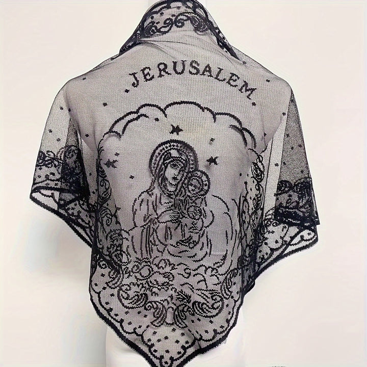 Christianartworkshop Sacred Grace Schwarz-weißer Jerusalem-Kapellenschleier mit Jungfrau und Kind - Schwarz - image 0