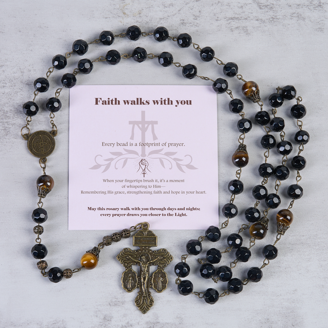 Christianartworkshop „Der Glaube geht mit dir“ Vintage Obsidian Tiger Eye Perlen Rosenkranz mit Pardon Kruzifix & St. Benedikt - Der Glaube geht mit dir - image 0