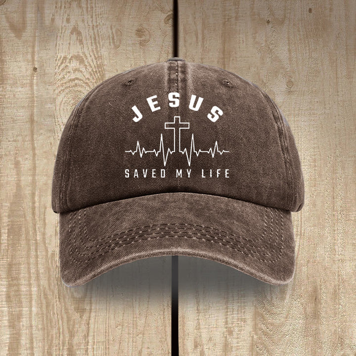 Christianartworkshop „Jesus Saved My Life and Heartbeat Graphic“ Unisex-Mütze aus gewaschener Baumwolle im Used-Look - Kaffee - image 8