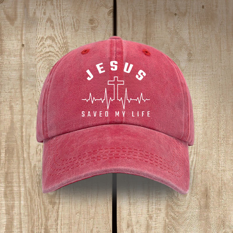 Christianartworkshop „Jesus Saved My Life and Heartbeat Graphic“ Unisex-Mütze aus gewaschener Baumwolle im Used-Look - Rot - image 0