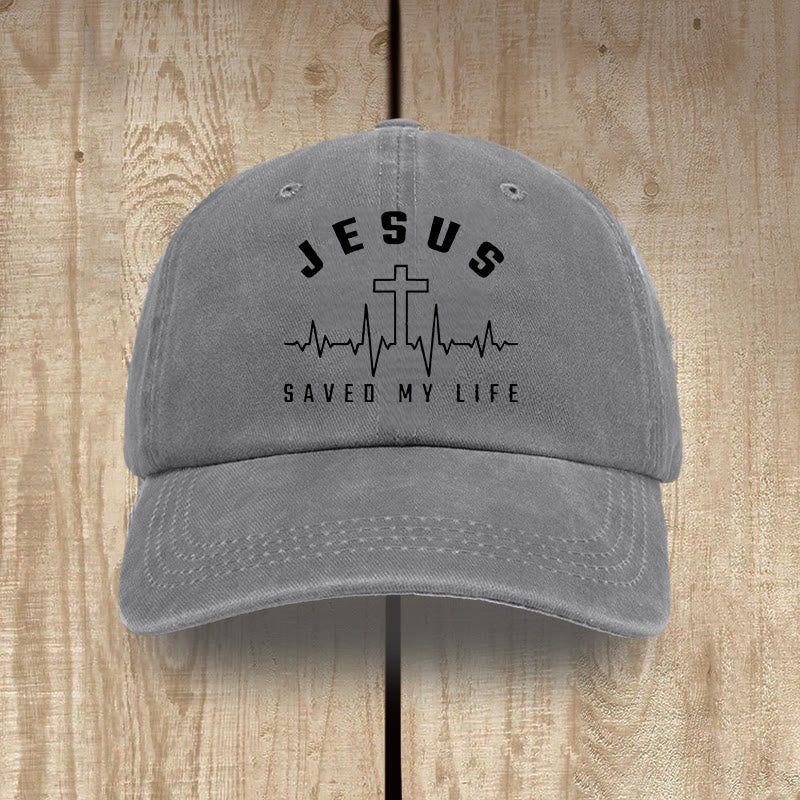 Christianartworkshop „Jesus Saved My Life and Heartbeat Graphic“ Unisex-Mütze aus gewaschener Baumwolle im Used-Look - Grau - image 6
