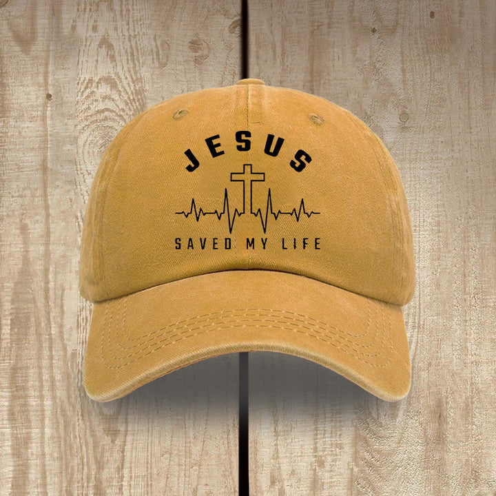 Christianartworkshop „Jesus Saved My Life and Heartbeat Graphic“ Unisex-Mütze aus gewaschener Baumwolle im Used-Look - Gelb - image 16