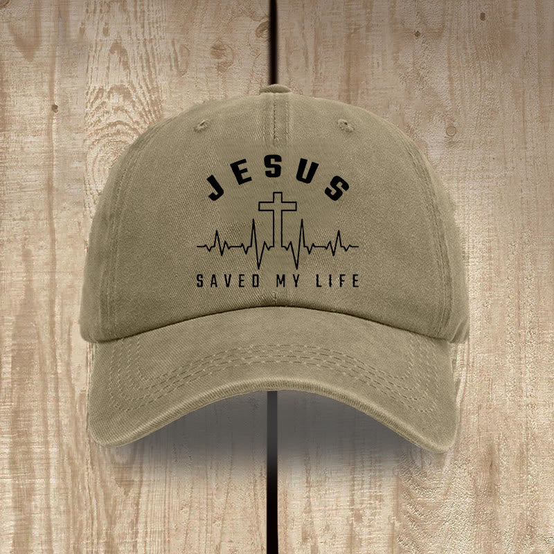 Christianartworkshop „Jesus Saved My Life and Heartbeat Graphic“ Unisex-Mütze aus gewaschener Baumwolle im Used-Look - Khaki - image 9