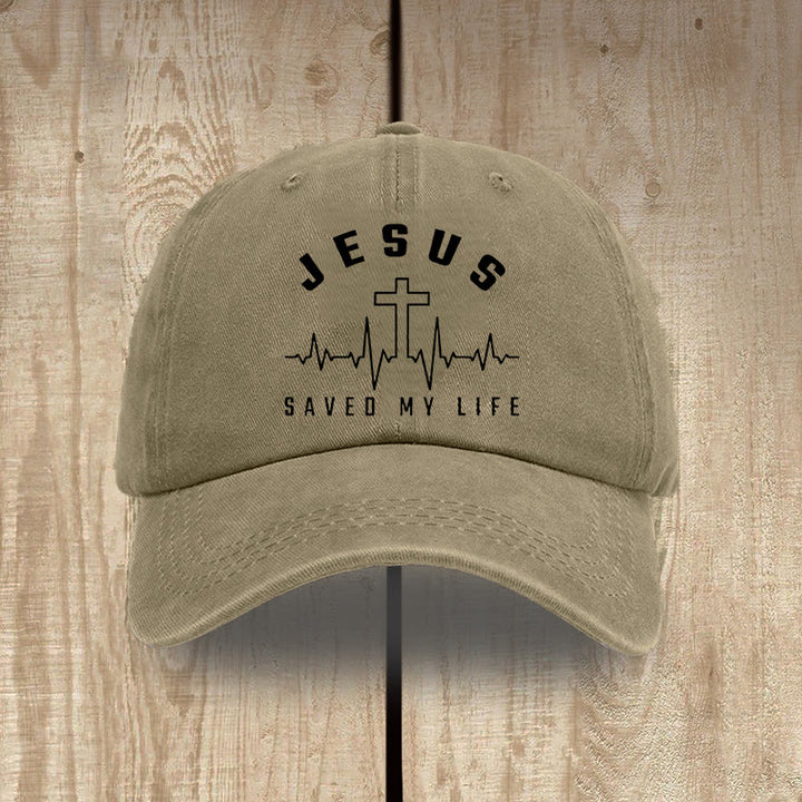 Christianartworkshop „Jesus Saved My Life and Heartbeat Graphic“ Unisex-Mütze aus gewaschener Baumwolle im Used-Look - Khaki - image 9