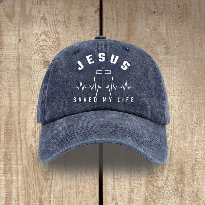 Christianartworkshop „Jesus Saved My Life and Heartbeat Graphic“ Unisex-Mütze aus gewaschener Baumwolle im Used-Look - Marineblau - image 10