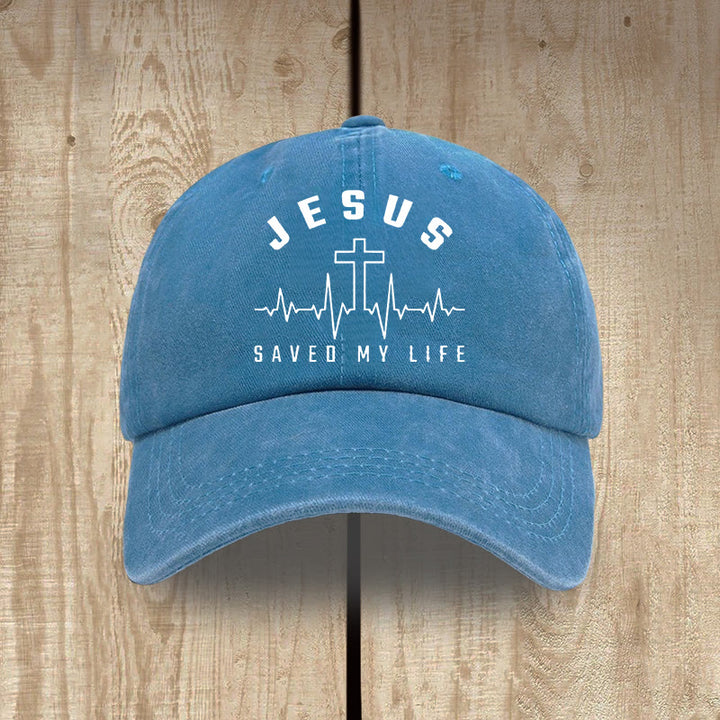 Christianartworkshop „Jesus Saved My Life and Heartbeat Graphic“ Unisex-Mütze aus gewaschener Baumwolle im Used-Look - Lake Blue - image 11
